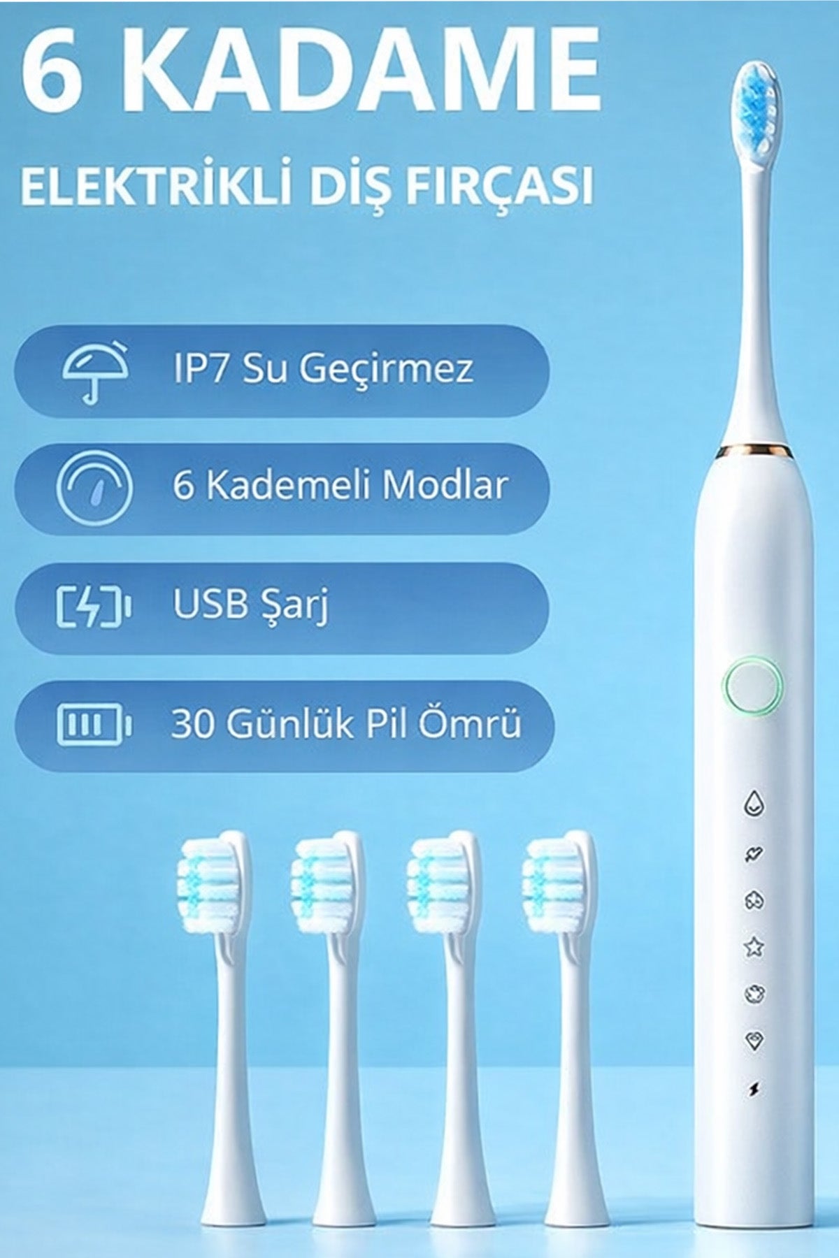 Şarjlı Sonic Diş Fırçası 6 Mod 4 Başlık IPX7 Su Geçirmez Elektrikli Diş Temizleme Fırçası Titreşimli