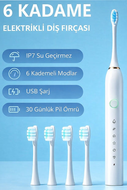 Şarjlı Sonic Diş Fırçası 6 Mod 4 Başlık IPX7 Su Geçirmez Elektrikli Diş Temizleme Fırçası Titreşimli