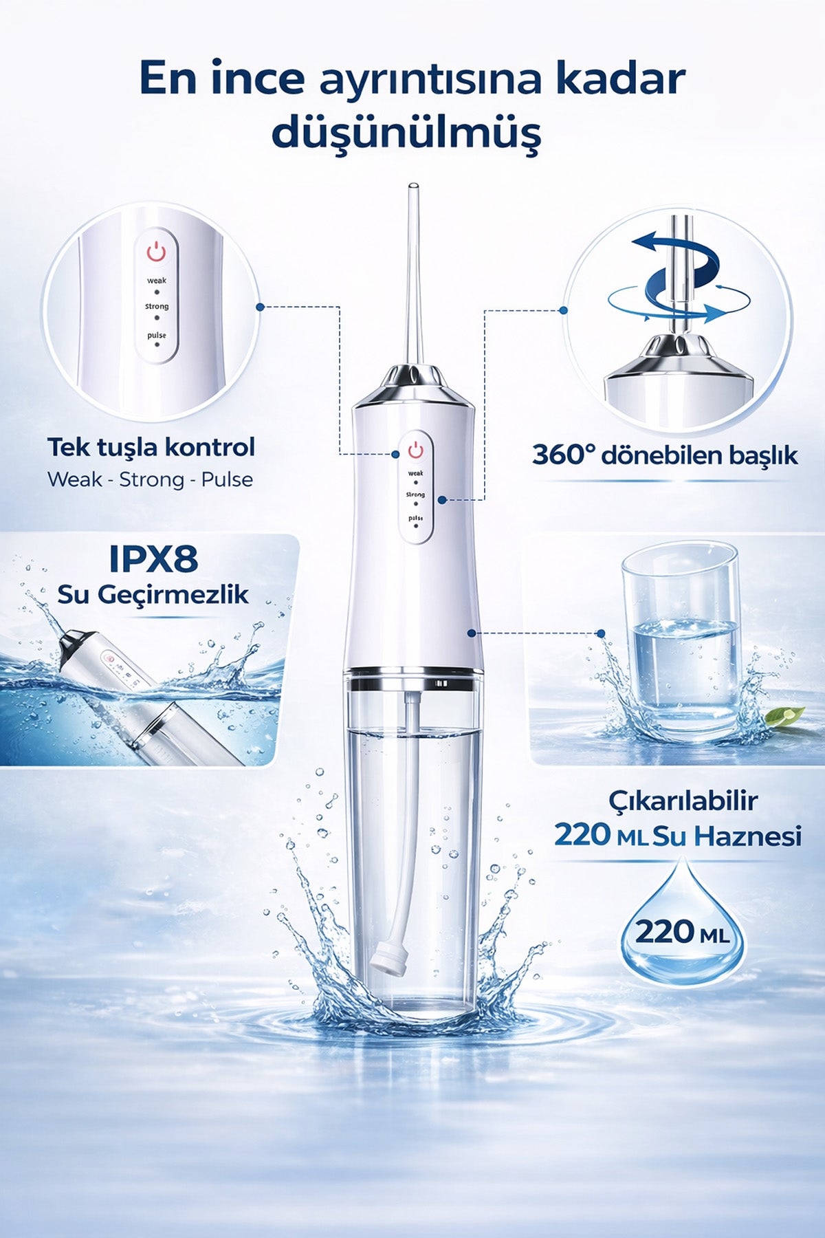 Şarjlı 4 Başlıklı Taşınabilir Ağız Duşu ve Diş Protez Bakım 3 Modlu Diş Arası Temizleyici