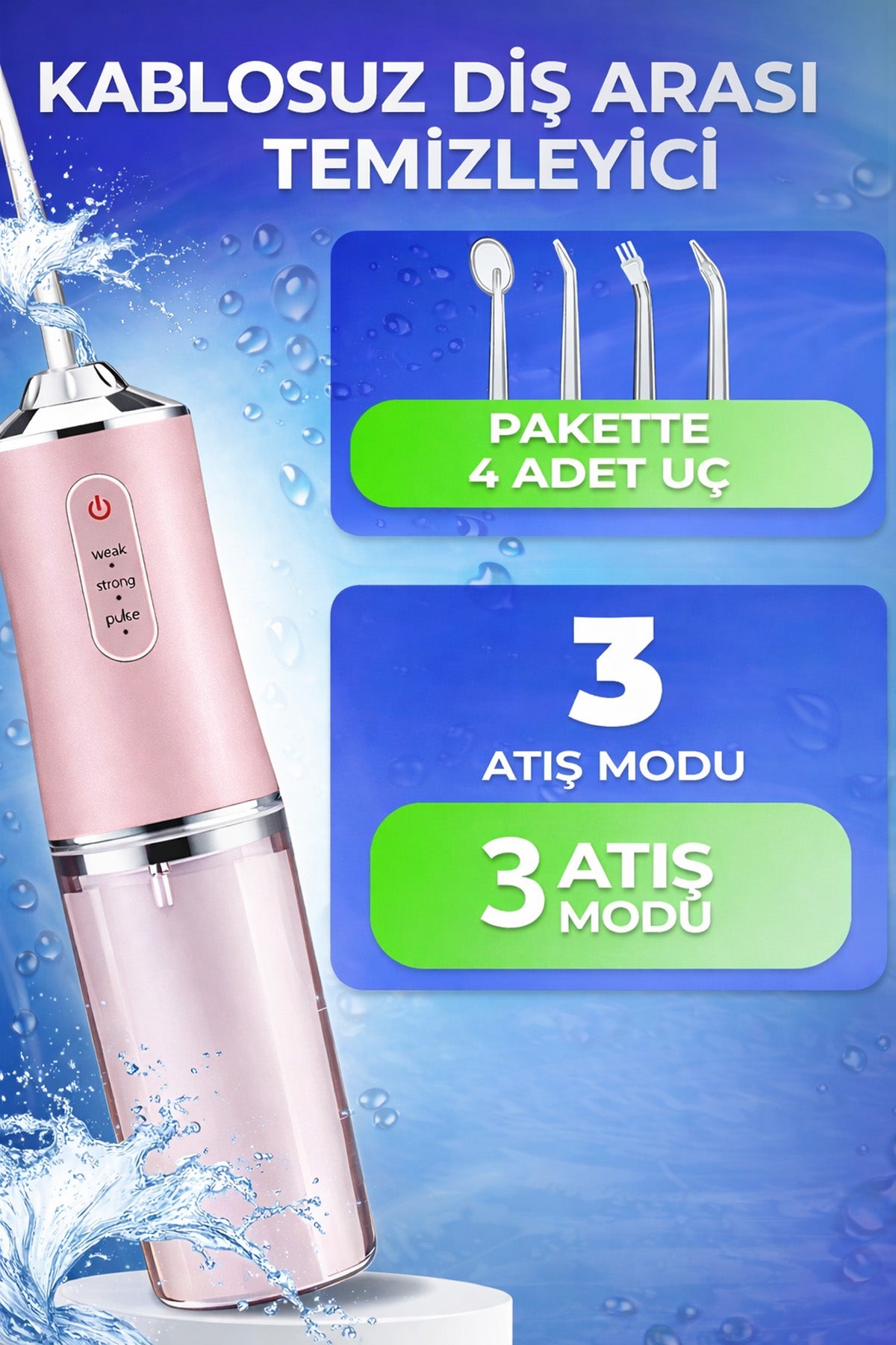 Şarjlı 4 Başlıklı Taşınabilir Ağız Duşu ve Diş Protez Bakım 3 Modlu Diş Arası Temizleyici