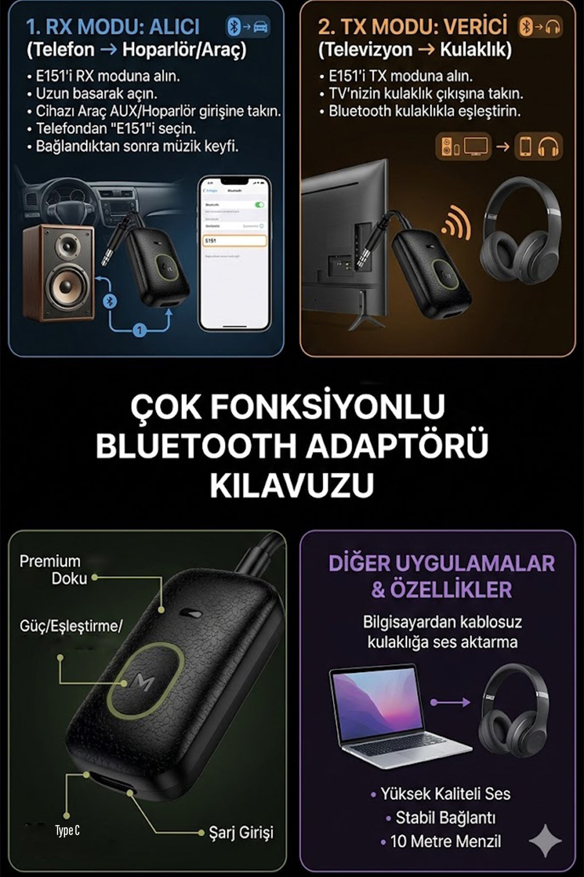AUX Bluetooth Ses Adaptörü İki Yönlü RX/TX Alıcı Verici Araç TV Televizyon PC Bilgisayar 3.5mm Jack