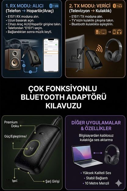 AUX Bluetooth Ses Adaptörü İki Yönlü RX/TX Alıcı Verici Araç TV Televizyon PC Bilgisayar 3.5mm Jack