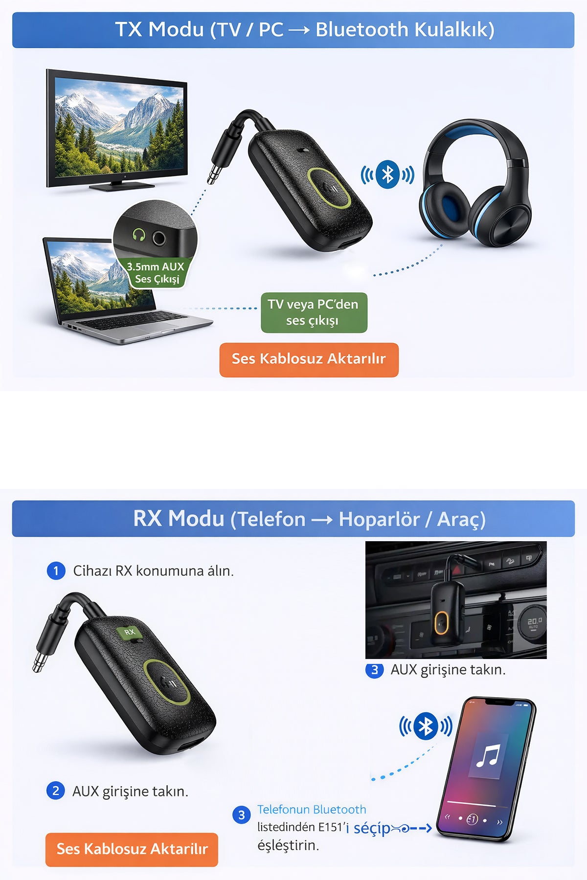 AUX Bluetooth Ses Adaptörü İki Yönlü RX/TX Alıcı Verici Araç TV Televizyon PC Bilgisayar 3.5mm Jack