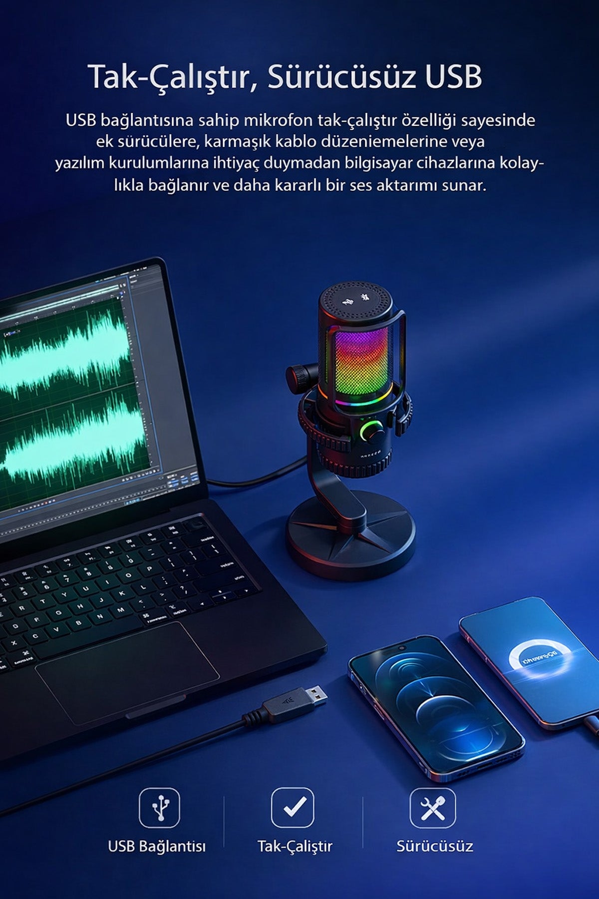 Condenser Yayıncı Mikrofonu Profesyonel RGB PC/PS4/PS5 Gamer Oyuncu Tiktok Youtube İnstagram Mikrofon
