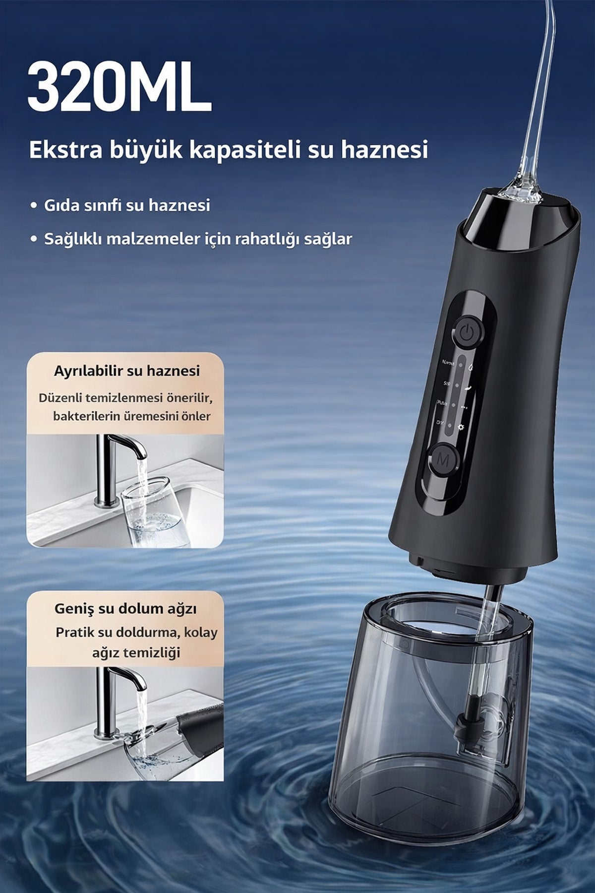 Şarjlı Ağız Duşu Diş Bakım Cihazı 4 Modlu Diş Arası Temizleyici 320ML 5 Başlıklı 1500 mAh Kablosuz