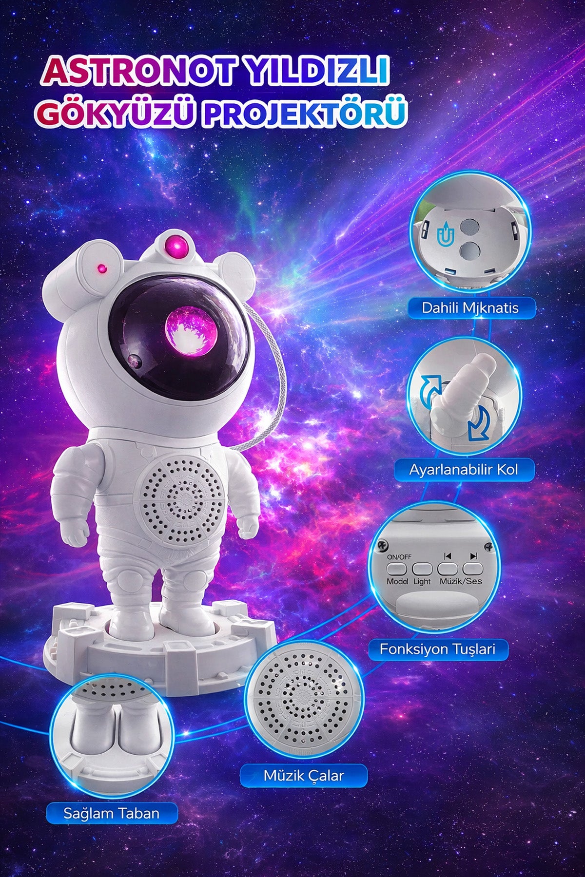 Astronot Star Galaxy Projektör Gece Lambası Bluetooth Hoparlör Uzay Galaksi Yıldız Animasyon Kumandalı