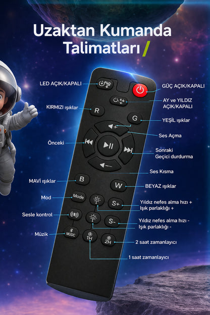 Astronot Star Galaxy Projektör Gece Lambası Bluetooth Hoparlör Uzay Galaksi Yıldız Animasyon Kumandalı