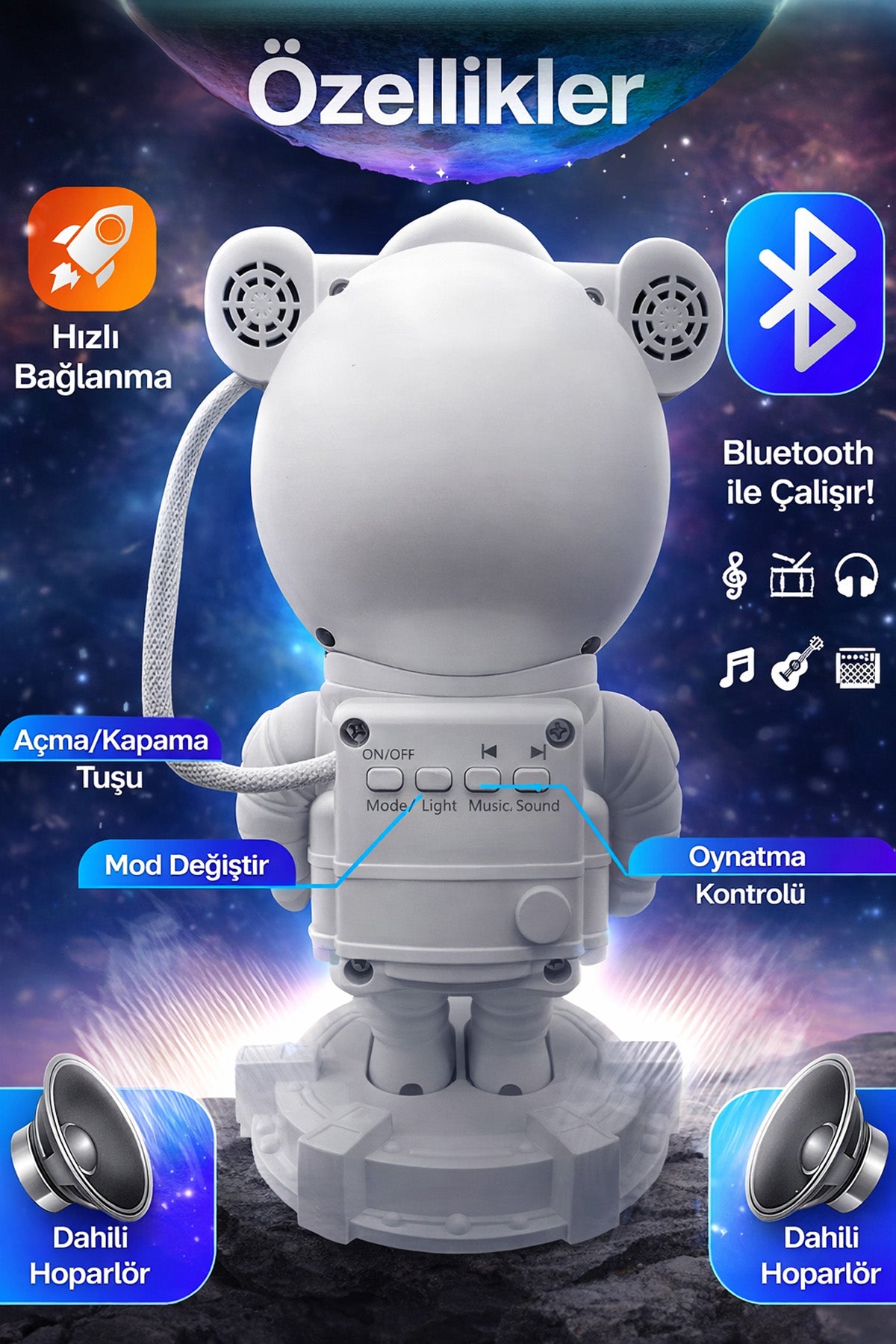 Astronot Star Galaxy Projektör Gece Lambası Bluetooth Hoparlör Uzay Galaksi Yıldız Animasyon Kumandalı