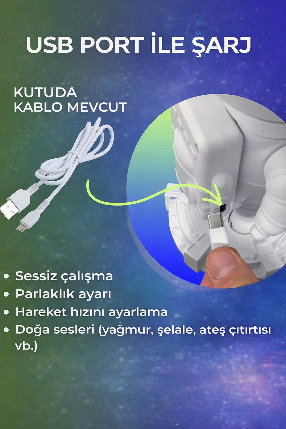 Astronot Star Galaxy Projektör Gece Lambası Bluetooth Hoparlör Uzay Galaksi Yıldız Animasyon Kumandalı