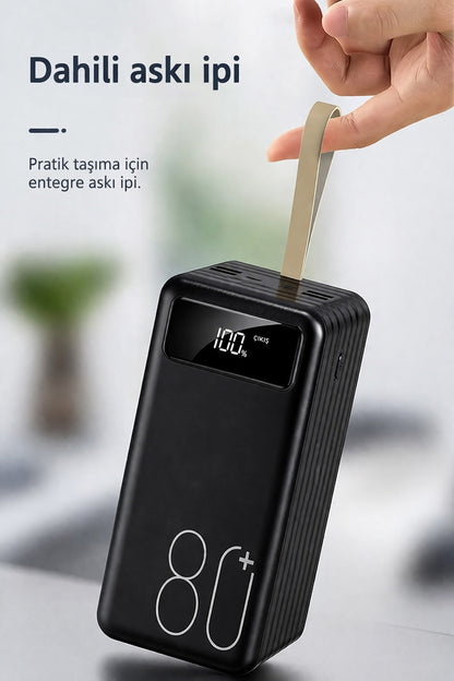 80.000mAh Powerbank Kamp Led Işıklı Kendinden Kablolu Powerbank 4xUsb-1TypeC-1Lightning Giriş