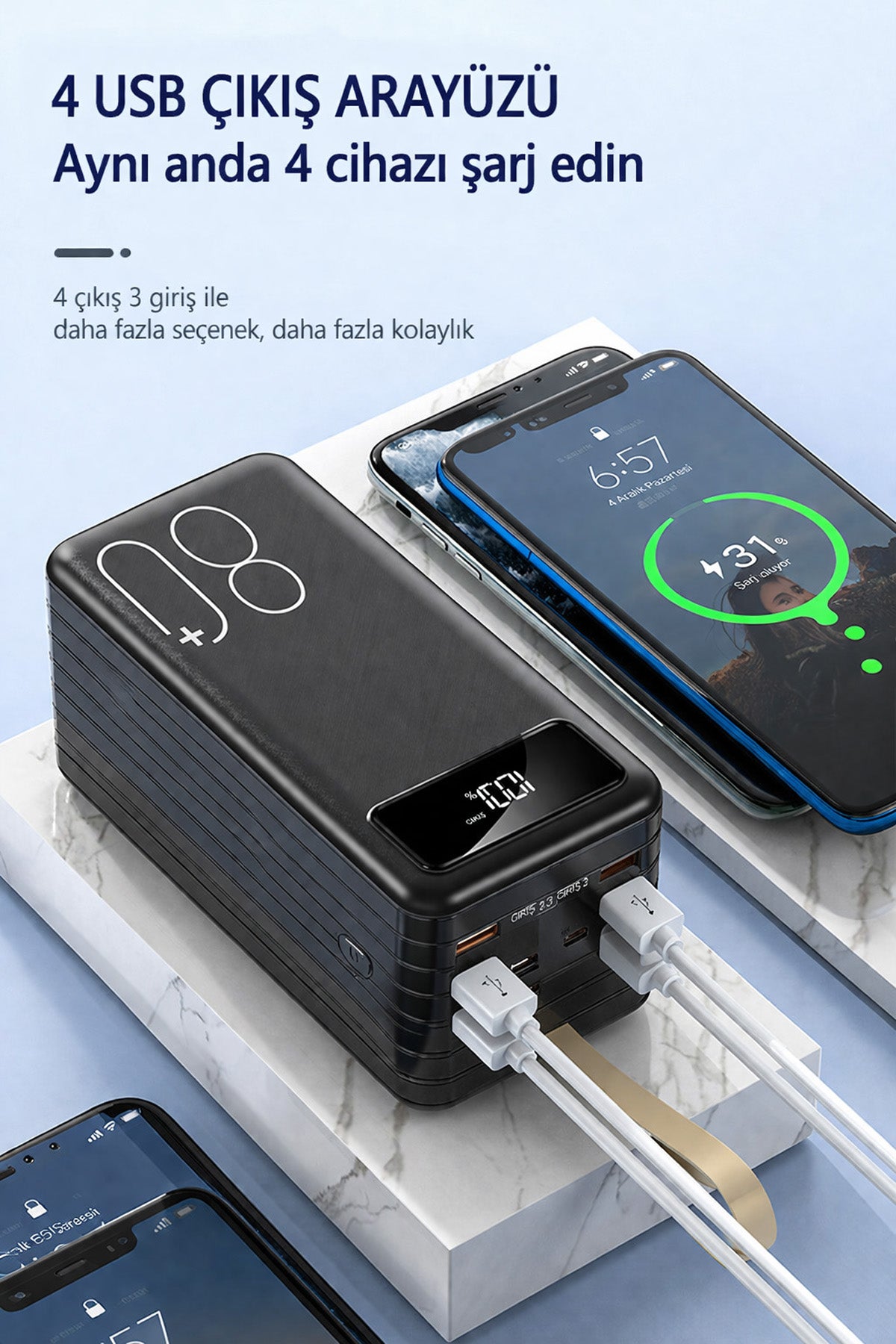 80.000mAh Powerbank Kamp Led Işıklı Kendinden Kablolu Powerbank 4xUsb-1TypeC-1Lightning Giriş