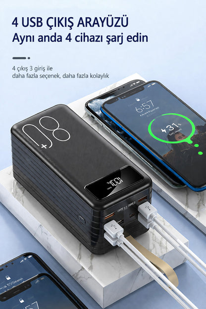 80.000mAh Powerbank Kamp Led Işıklı Kendinden Kablolu Powerbank 4xUsb-1TypeC-1Lightning Giriş