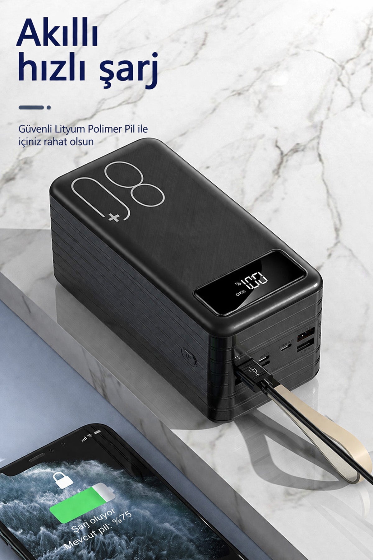 80.000mAh Powerbank Kamp Led Işıklı Kendinden Kablolu Powerbank 4xUsb-1TypeC-1Lightning Giriş