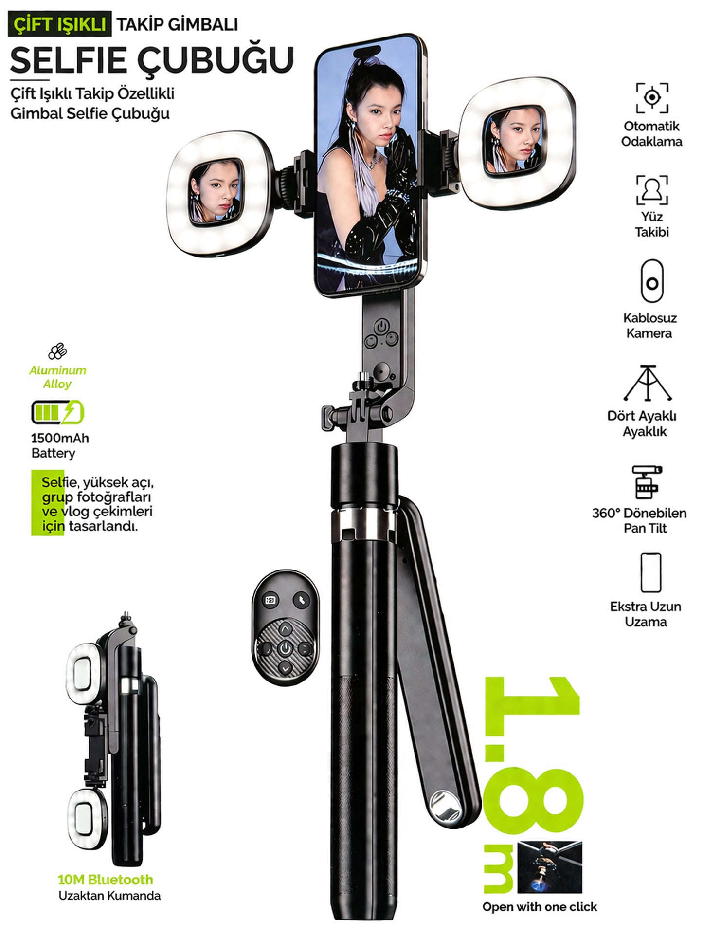 Yüz Takip Özellikli Gimbal Tripod Şarjlı Çift Led Işık Ayna Kumanda Uzun 1.8m Selfie Çubuğu Telefon Tutucu