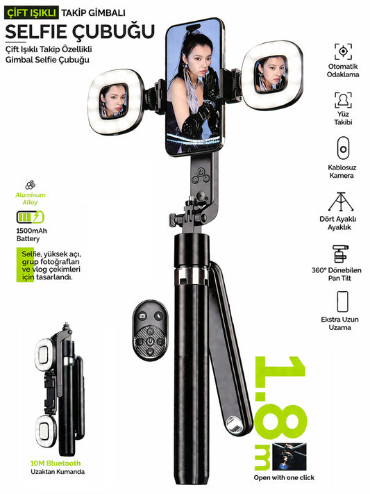 Yüz Takip Özellikli Gimbal Tripod Şarjlı Çift Led Işık Ayna Kumanda Uzun 1.8m Selfie Çubuğu Telefon Tutucu