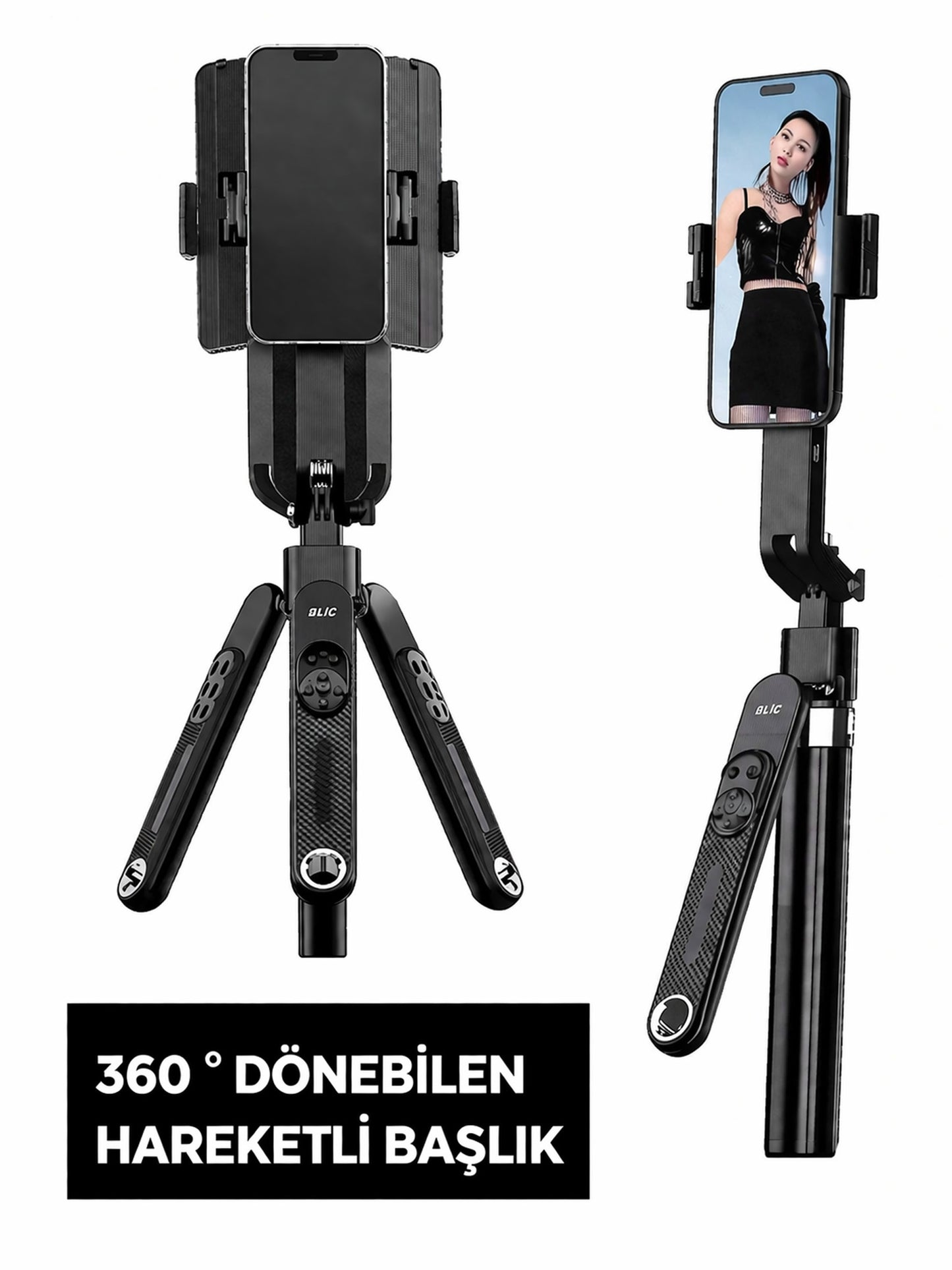 Yüz Takip Özellikli Gimbal Tripod Şarjlı Çift Led Işık Ayna Kumanda Uzun 1.8m Selfie Çubuğu Telefon Tutucu