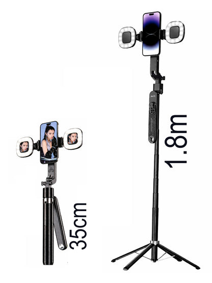 Yüz Takip Özellikli Gimbal Tripod Şarjlı Çift Led Işık Ayna Kumanda Uzun 1.8m Selfie Çubuğu Telefon Tutucu