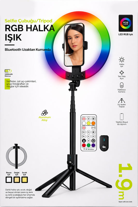 RGB Halka Işık Uzun Tripod Selfie Çubuğu 1.9m-1200 mAh Şarjlı Kumandalı Ring Light Telefon Tutucu