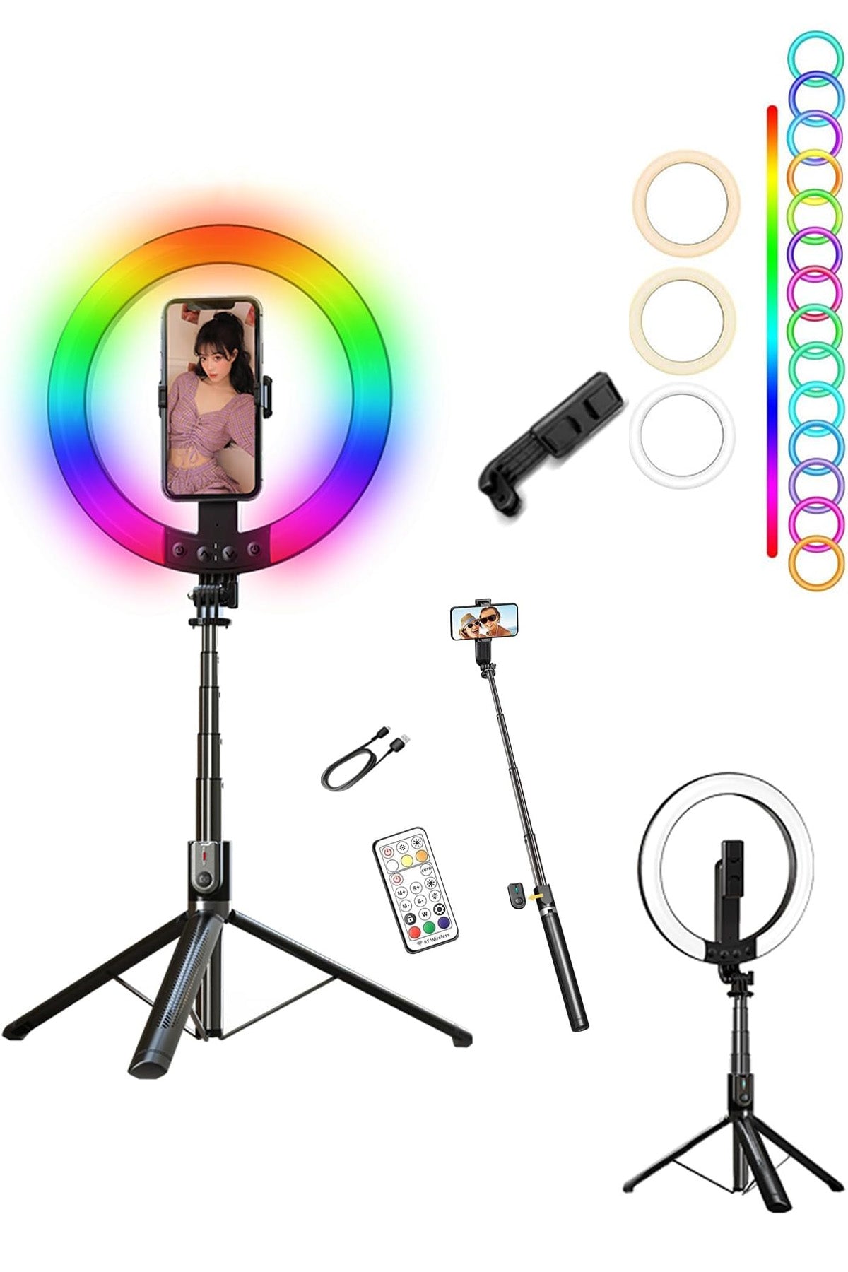 RGB Halka Işık Uzun Tripod Selfie Çubuğu 1.9m-1200 mAh Şarjlı Kumandalı Ring Light Telefon Tutucu