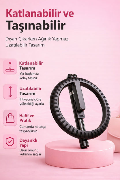 RGB Halka Işık Uzun Tripod Selfie Çubuğu 1.9m-1200 mAh Şarjlı Kumandalı Ring Light Telefon Tutucu