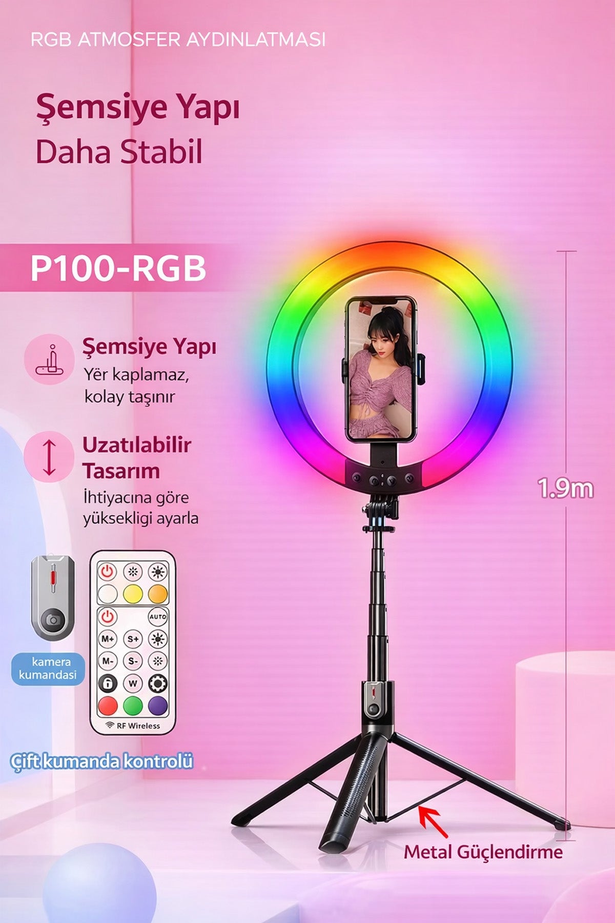 RGB Halka Işık Uzun Tripod Selfie Çubuğu 1.9m-1200 mAh Şarjlı Kumandalı Ring Light Telefon Tutucu