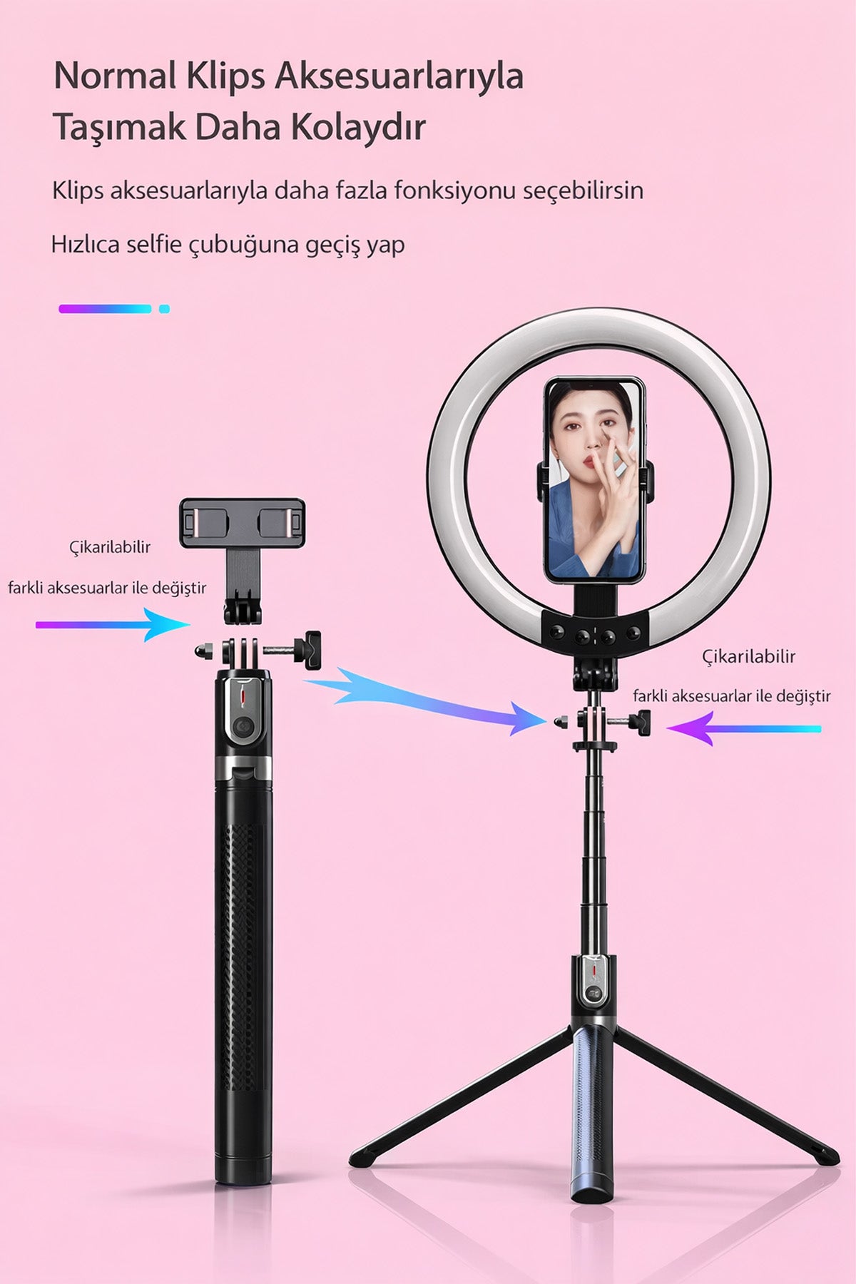RGB Halka Işık Uzun Tripod Selfie Çubuğu 1.9m-1200 mAh Şarjlı Kumandalı Ring Light Telefon Tutucu