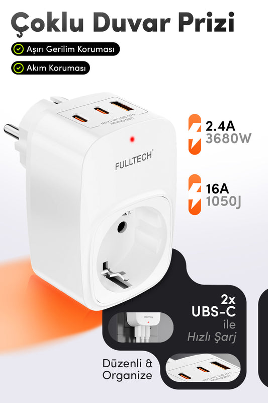 USB Şarj ve Priz Tekli Priz USB ve Type C Şarj Duvar Tipi Priz Çoklayıcı