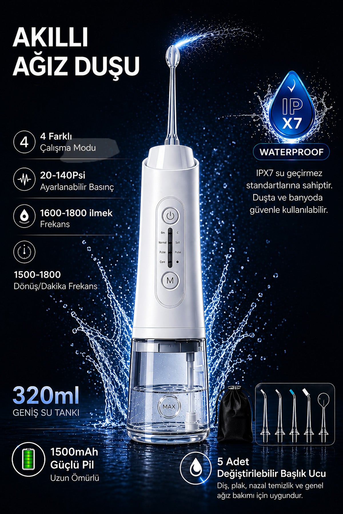 Şarjlı Ağız Duşu Diş Bakım Cihazı 4 Modlu Diş Arası Temizleyici 320ML 5 Başlıklı 1500 mAh Kablosuz