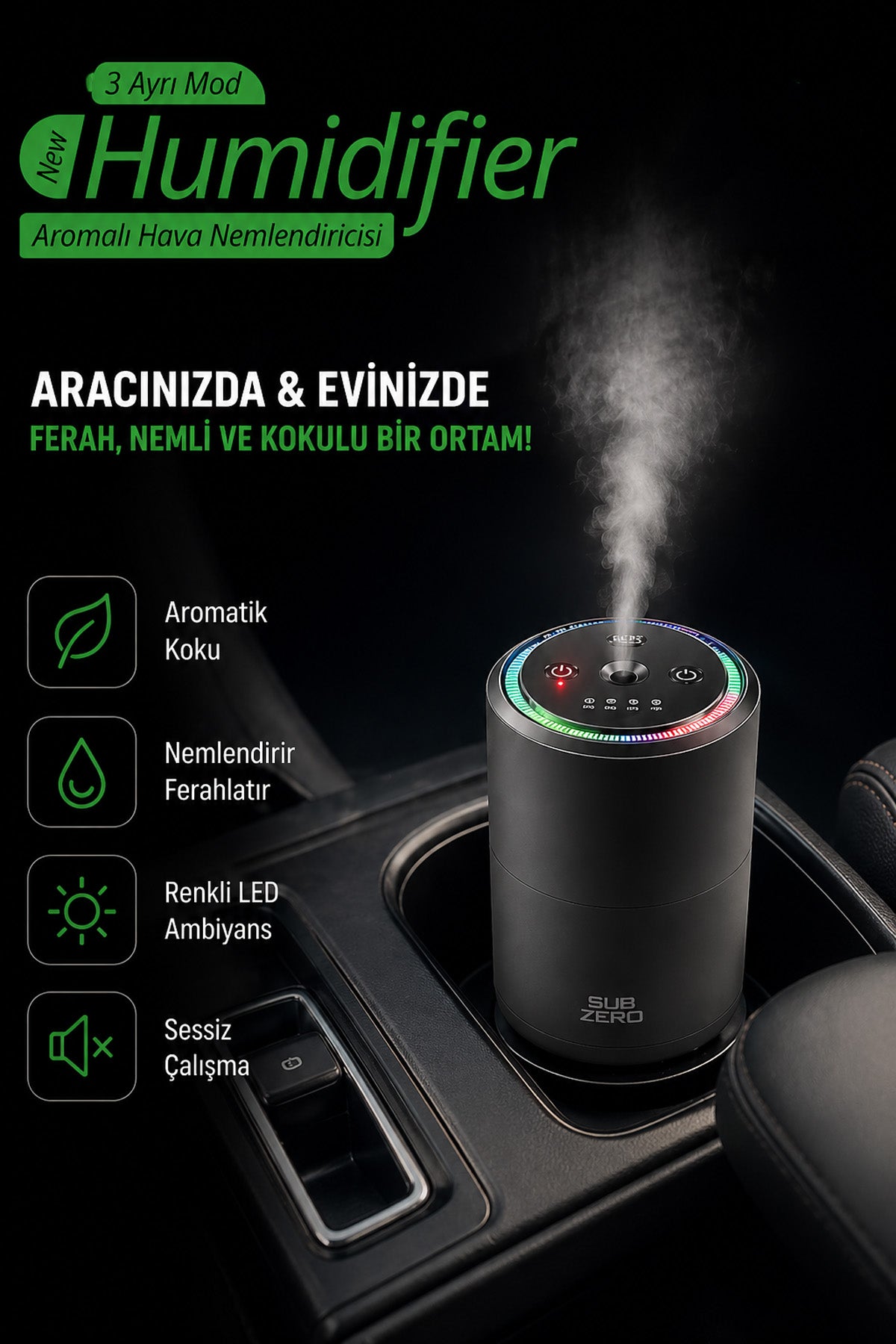 RGB Otomatik Buharlı Araç Parfümü Aromalı Koku Difüzörü Şarjlı 1000mAh Buharlı Hava Nemlendirme
