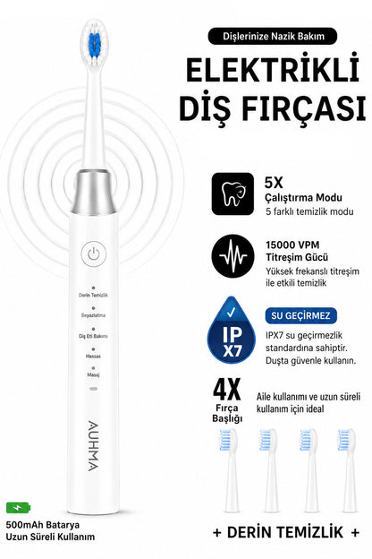 Şarjlı Diş Fırçası 4 Başlık 5 Modlu Elektrikli Diş Temizleme Fırçası Titreşimli 500mAh Şarjlı IPX7 AMF13
