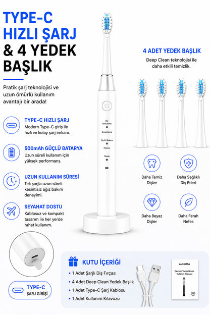 Şarjlı Diş Fırçası 4 Başlık 5 Modlu Elektrikli Diş Temizleme Fırçası Titreşimli 500mAh Şarjlı IPX7 AMF13