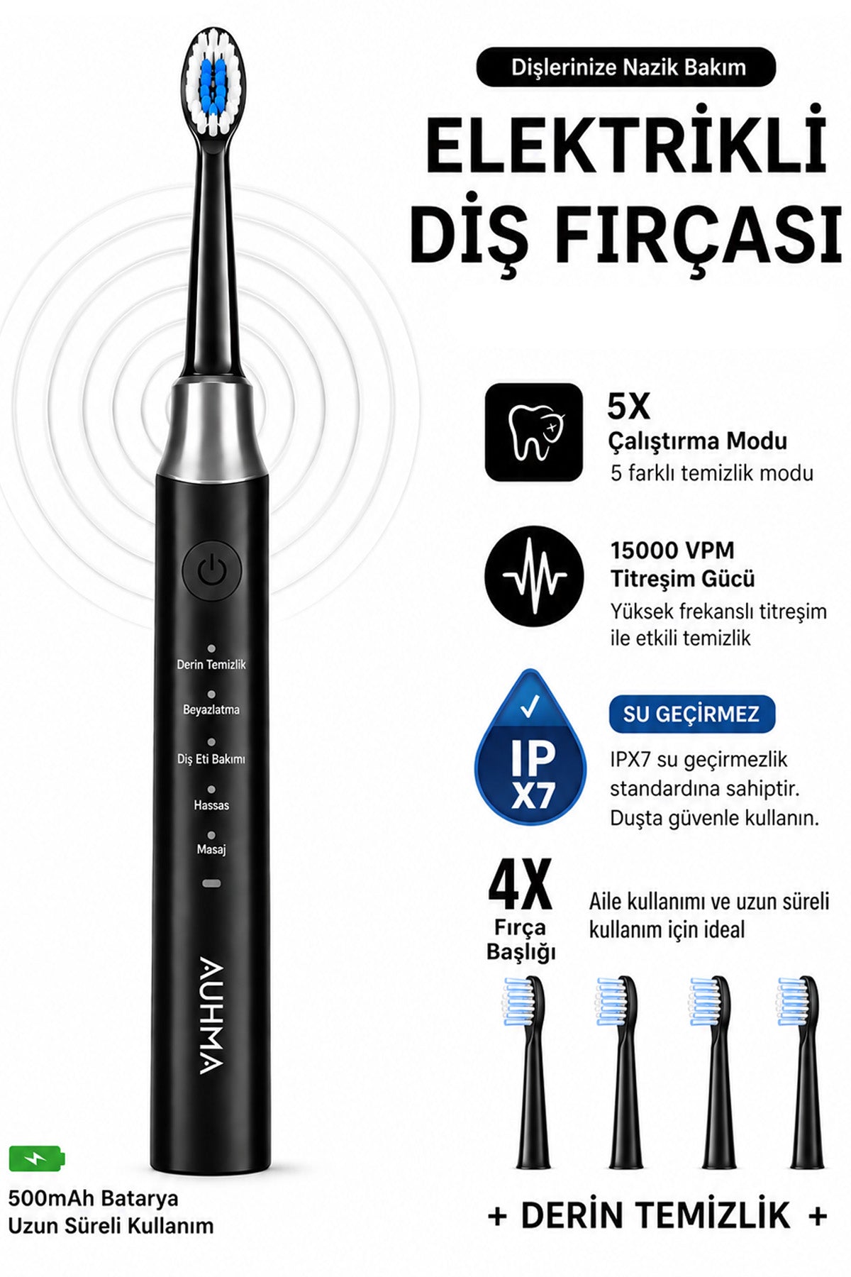 Şarjlı Diş Fırçası 4 Başlık 5 Modlu Elektrikli Diş Temizleme Fırçası Titreşimli 500mAh Şarjlı IPX7 AMF13