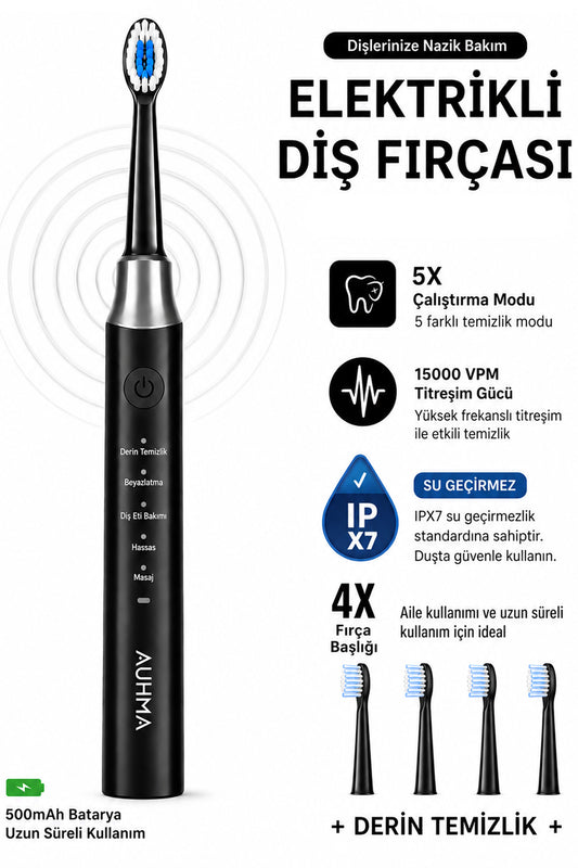 Şarjlı Diş Fırçası 4 Başlık 5 Modlu Elektrikli Diş Temizleme Fırçası Titreşimli 500mAh Şarjlı IPX7 AMF13