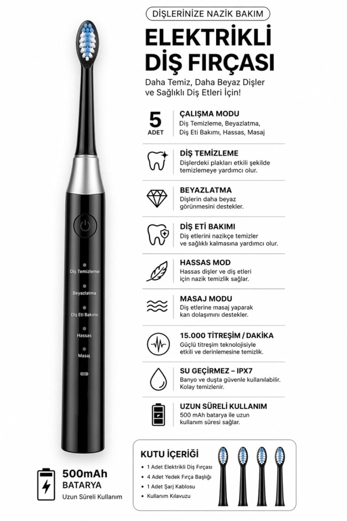 Şarjlı Diş Fırçası 4 Başlık 5 Modlu Elektrikli Diş Temizleme Fırçası Titreşimli 500mAh Şarjlı IPX7 AMF13