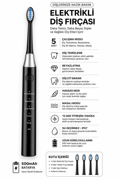 Şarjlı Diş Fırçası 4 Başlık 5 Modlu Elektrikli Diş Temizleme Fırçası Titreşimli 500mAh Şarjlı IPX7 AMF13