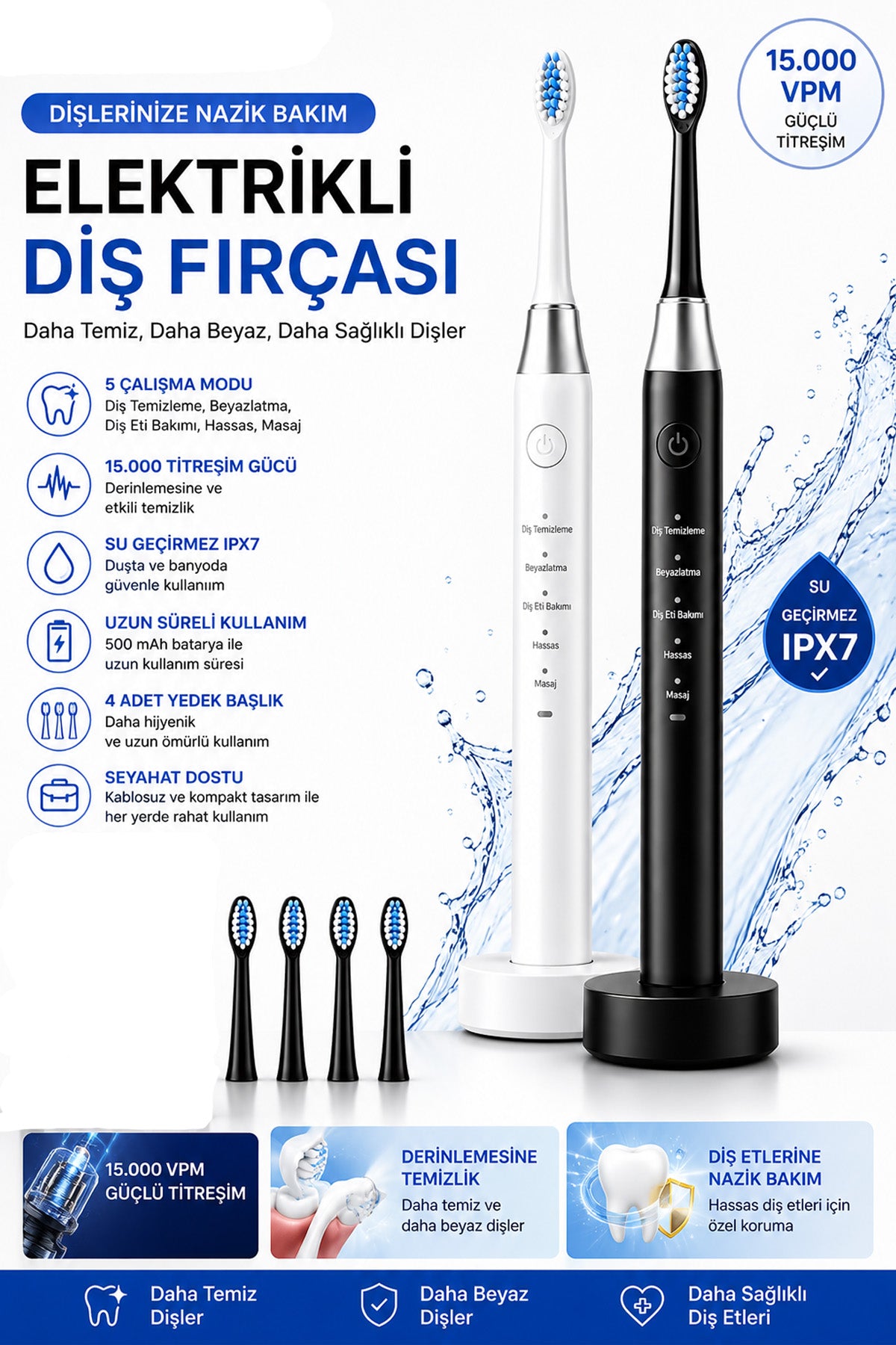 Şarjlı Diş Fırçası 4 Başlık 5 Modlu Elektrikli Diş Temizleme Fırçası Titreşimli 500mAh Şarjlı IPX7 AMF13