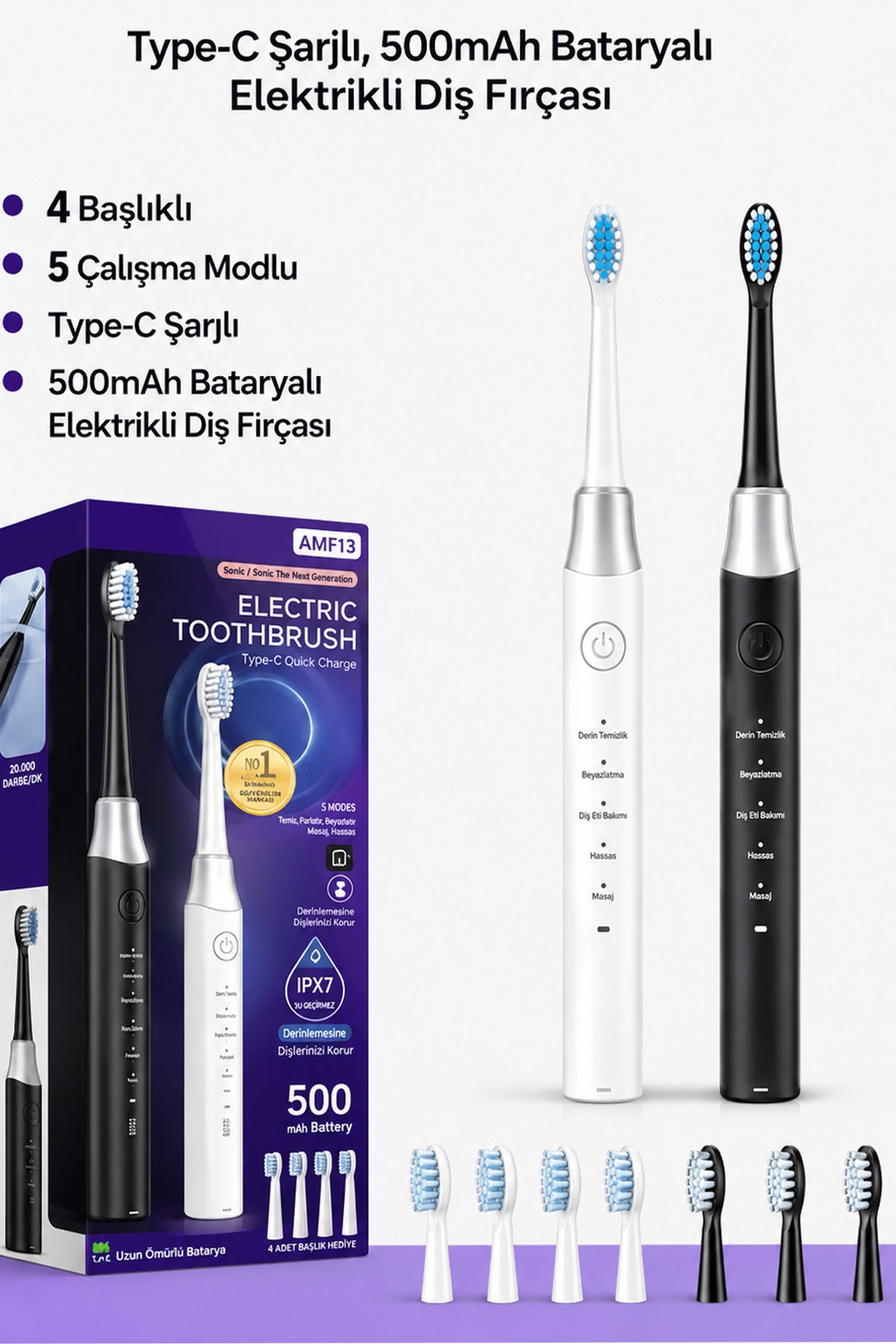 Şarjlı Diş Fırçası 4 Başlık 5 Modlu Elektrikli Diş Temizleme Fırçası Titreşimli 500mAh Şarjlı IPX7 AMF13