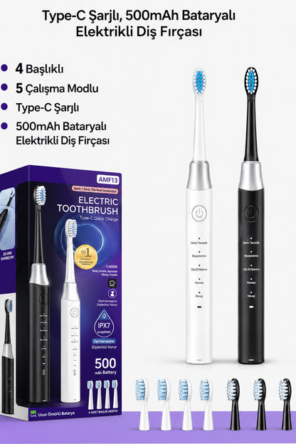 Şarjlı Diş Fırçası 4 Başlık 5 Modlu Elektrikli Diş Temizleme Fırçası Titreşimli 500mAh Şarjlı IPX7 AMF13