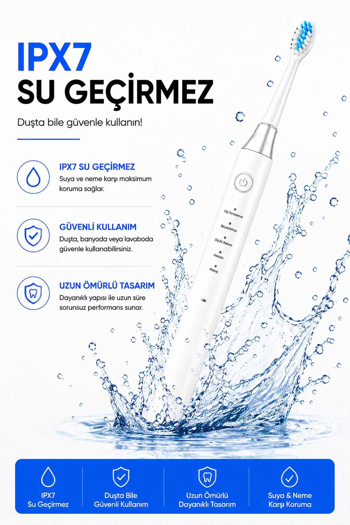 Şarjlı Diş Fırçası 4 Başlık 5 Modlu Elektrikli Diş Temizleme Fırçası Titreşimli 500mAh Şarjlı IPX7 AMF13