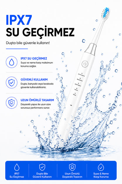 Şarjlı Diş Fırçası 4 Başlık 5 Modlu Elektrikli Diş Temizleme Fırçası Titreşimli 500mAh Şarjlı IPX7 AMF13