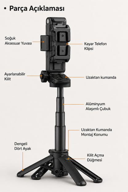 Selfie Stick Tripod Mini Bluetooth Uzaktan Kumandalı Telefon Standı Masaüstü Telefon Tutucu Çantaboy