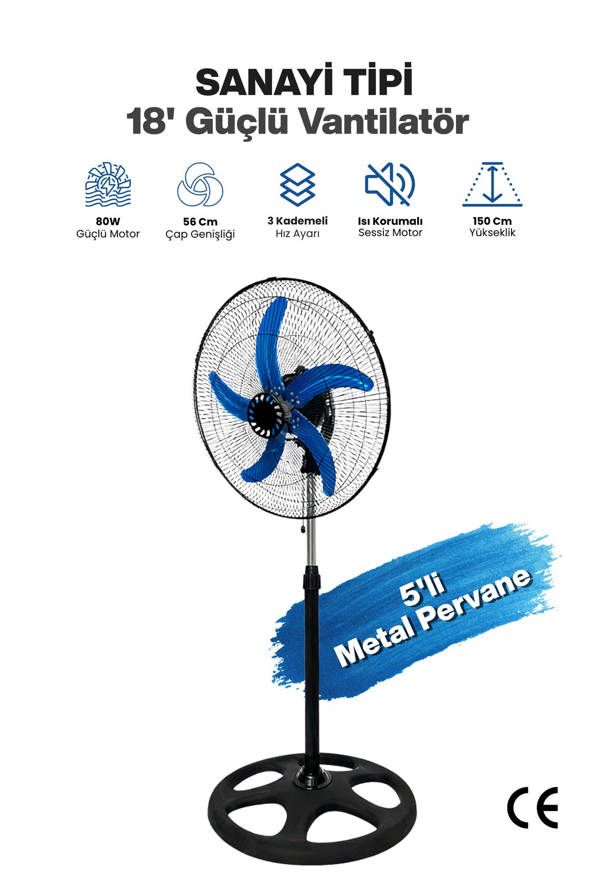 Sanayi Tipi 80W Güçlü Vantilatör 56cm Isı Yalıtımlı Motor 5 Pervaneli MPIA VT10 Ev Ofis Ayaklı Fan