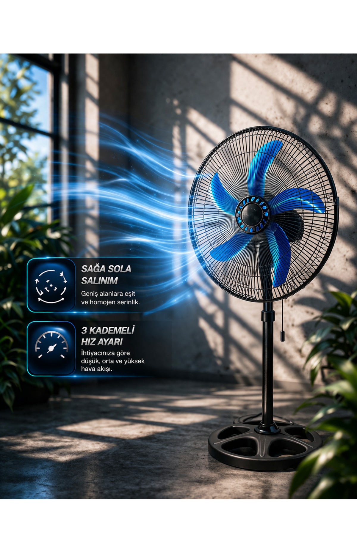 Sanayi Tipi 80W Güçlü Vantilatör 56cm Isı Yalıtımlı Motor 5 Pervaneli MPIA VT10 Ev Ofis Ayaklı Fan