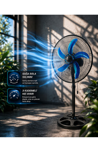 Sanayi Tipi 80W Güçlü Vantilatör 56cm Isı Yalıtımlı Motor 5 Pervaneli MPIA VT10 Ev Ofis Ayaklı Fan