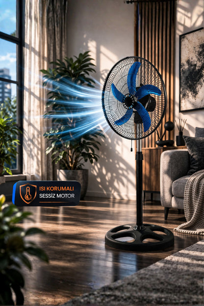 Sanayi Tipi 80W Güçlü Vantilatör 56cm Isı Yalıtımlı Motor 5 Pervaneli MPIA VT10 Ev Ofis Ayaklı Fan