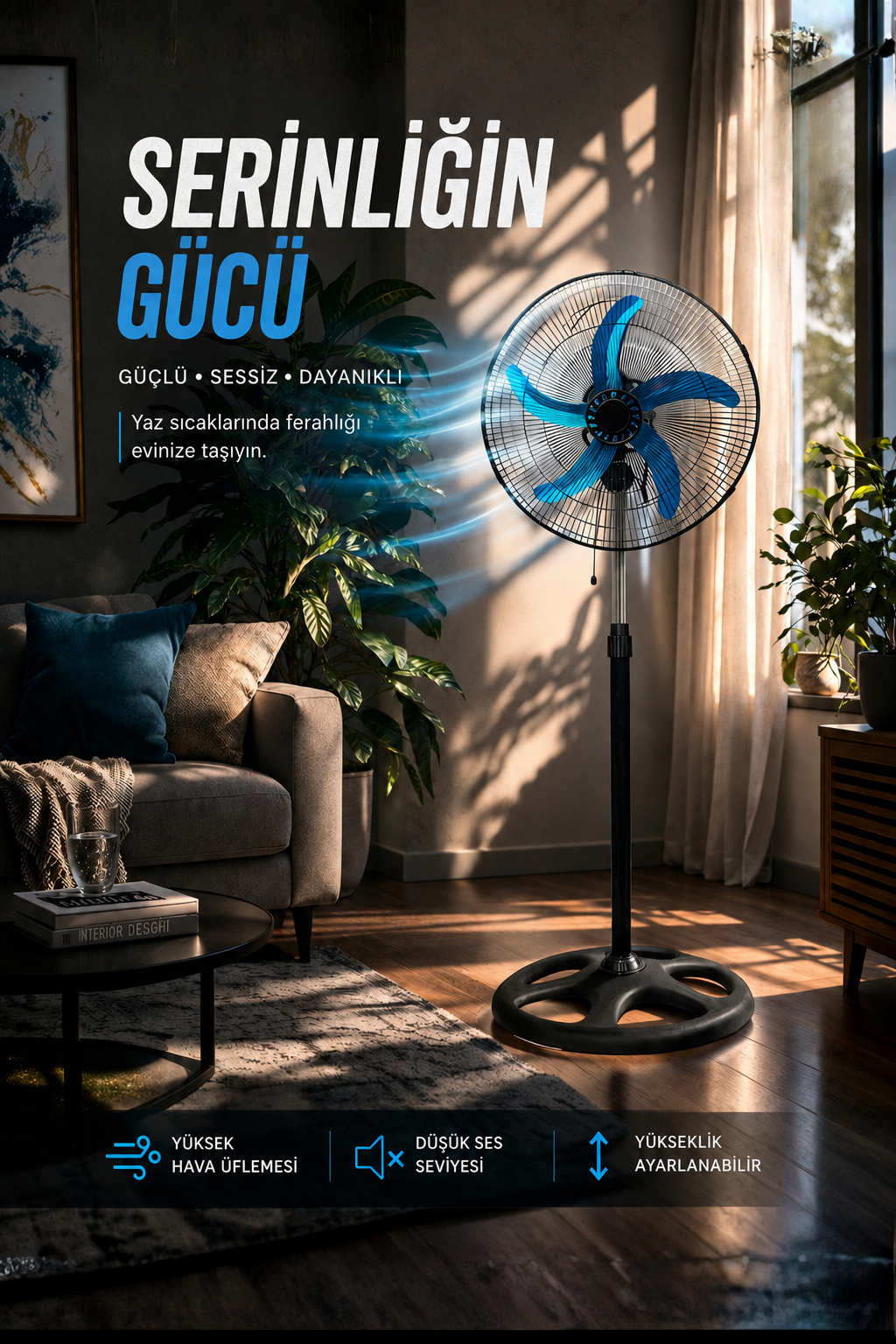 Sanayi Tipi 80W Güçlü Vantilatör 56cm Isı Yalıtımlı Motor 5 Pervaneli MPIA VT10 Ev Ofis Ayaklı Fan