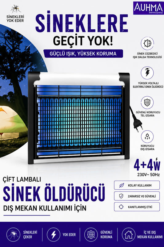 Elektrikli Sineklik Sivrisinek Yakalama Cihazı Sinek Tuzağı 4+4W AUHMA AQM01 Çift Ampullü
