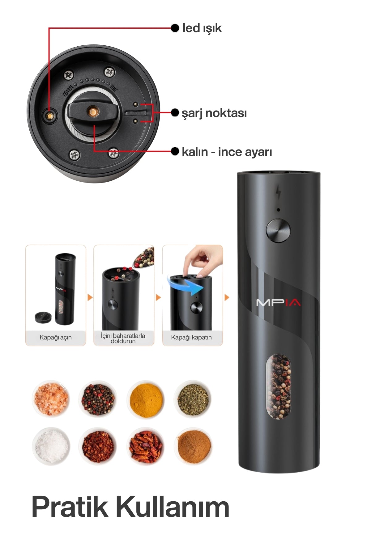 MPIA PG5 Şarjlı Baharat Öğütücü 2’li 110 ml LED Paslanmaz Çelik Bıçak Tuz Karabiber Öğütücü