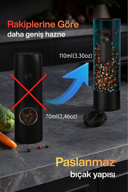 MPIA PG5 Şarjlı Baharat Öğütücü 2’li 110 ml LED Paslanmaz Çelik Bıçak Tuz Karabiber Öğütücü