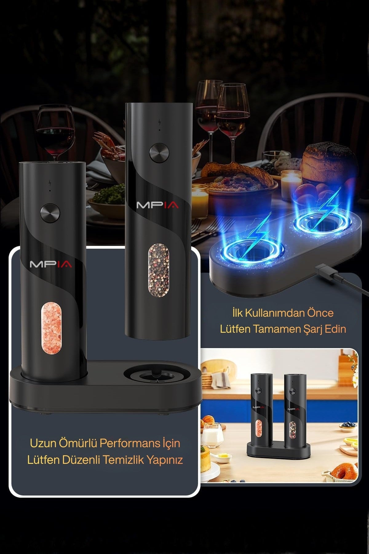 MPIA PG5 Şarjlı Baharat Öğütücü 2’li 110 ml LED Paslanmaz Çelik Bıçak Tuz Karabiber Öğütücü